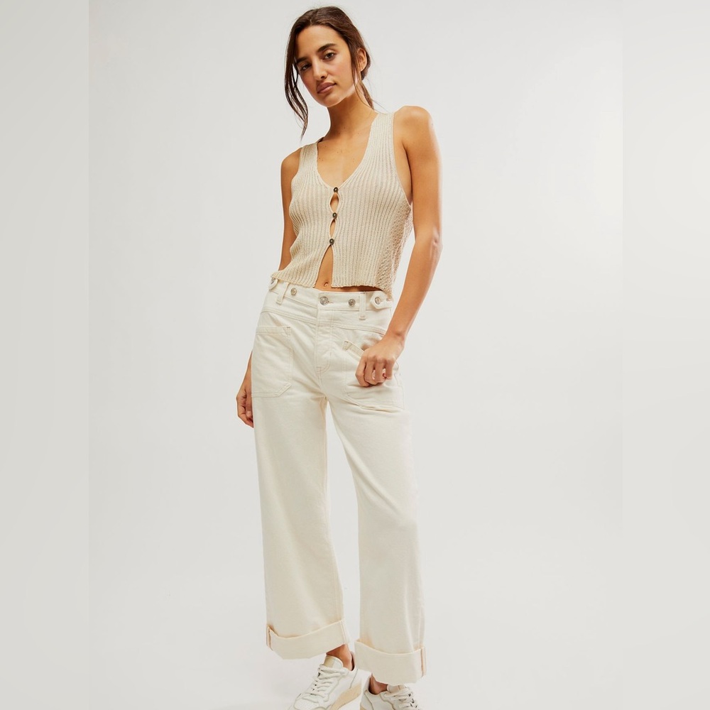 Free People Cream Wide Leg Jeans